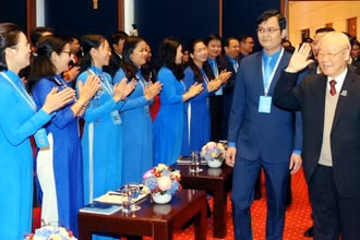 Tổng Bí thư Nguyễn Phú Trọng dự Đại hội đại biểu Đoàn Thanh niên cộng sản Hồ Chí Minh khóa XII nhiệm kỳ 2022-2027. (Ảnh: TTXVN)