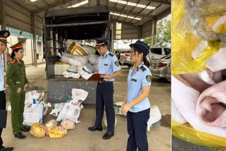 Công an cùng quản lý thị trường kê biên số lượng bì lợn không rõ nguồn gốc.
