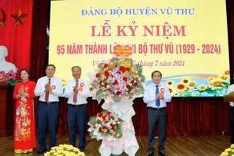 Phó Bí thư Thường trực Tỉnh ủy Thái Bình Nguyễn Tiến Thành tặng lẵng hoa chúc mừng Đảng bộ huyện Vũ Thư nhân kỷ niệm 95 năm thành lập Chi bộ Thư Vũ.