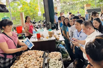 Các đại biểu phấn khởi khi tham quan những gian hàng sạch sẽ, ngăn nắp tại chợ Tứ Liên (quận Tây Hồ).