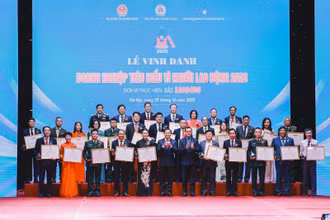 Phó Thủ tướng Lê Minh Khái và Chủ tịch Tổng Liên đoàn Lao động Việt Nam Nguyễn Đình Khang trao Bằng khen của Tổng Liên đoàn Lao động tặng 10 doanh nghiệp.