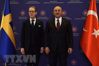 Ngoại trưởng Thổ Nhĩ Kỳ Mevlut Cavusoglu (phải) trong cuộc họp báo chung với người đồng cấp Thụy Điển Tobias Billstrom tại Ankara, ngày 22/12/2022. (Ảnh: AFP/TTXVN)