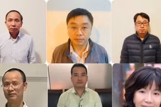 Một số bị cáo bị đưa ra xét xử tại phiên tòa sơ thẩm sáng 17/3. (Nguồn: Bộ Công an)