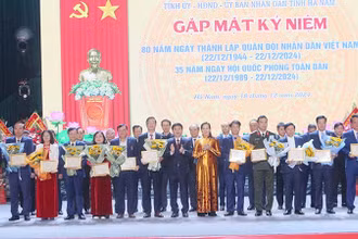 Các đồng chí Thường trực Tỉnh ủy trao tặng Kỷ niệm chương “Vì sự nghiệp xây dựng Quân đội nhân dân Việt Nam” cho các cá nhân tiêu biểu.