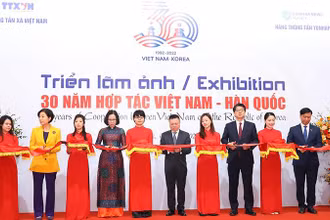 Các đại biểu cắt băng khai mạc triển lãm.
