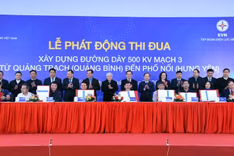 Các đồng chí lãnh đạo chứng kiến chủ đầu tư, các đơn vị liên quan ký cam kết thi đua hoàn thành dự án đúng tiến độ, chất lượng.