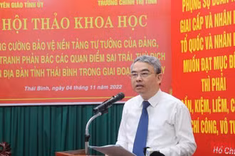 Đồng chí Phạm Đồng Thụy, Trưởng Ban Tuyên giáo Tỉnh ủy, Phó Trưởng Ban Thường trực Ban Chỉ đạo 35 của tỉnh Thái Bình phát biểu tại Hội thảo khoa học.