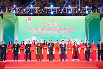 Đại biểu cắt băng khai mạc hội chợ.