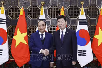 Chủ tịch nước Nguyễn Xuân Phúc hội kiến Chủ tịch Quốc hội Hàn Quốc Kim Jin Pyo. (Ảnh: TTXVN)
