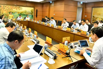 Các đại biểu Quốc hội đoàn Hà Nội thảo luận tại tổ về 2 dự án luật.