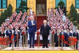 Tổng Bí thư Nguyễn Phú Trọng chủ trì Lễ đón chính thức Tổng thống Hoa Kỳ Joe Biden thăm cấp Nhà nước tới Việt Nam từ ngày 10-11/9/2023. (Ảnh: TTXVN)