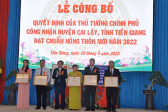 Lãnh đạo Ủy ban nhân dân tỉnh Tiền Giang trao Bằng khen cho các cá nhân có nhiều đóng góp trong quá trình xây dựng nông thôn mới.