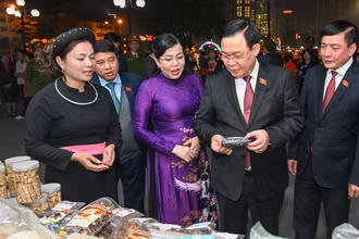Chủ tịch Quốc hội Vương Đình Huệ và các đại biểu thăm khu trưng bày, giới thiệu sản phẩm nông nghiệp tỉnh Thái Nguyên. (Ảnh: DUY LINH)