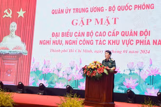 Đại tướng Lương Cường, Ủy viên Bộ Chính trị, Ủy viên Thường vụ Quân ủy Trung ương, Chủ nhiệm Tổng Cục Chính trị Quân đội nhân dân Việt Nam phát biểu tại buổi gặp mặt.