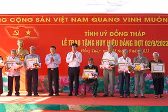 Bí thư Tỉnh ủy Đồng Tháp Lê Quốc Phong trao Huy hiệu Đảng cho các đảng viên. (Ảnh: HỮU NGHĨA)