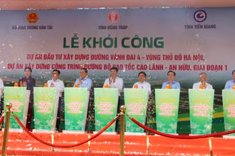 Phó Thủ tướng Chính phủ Trần Lưu Quang cùng các đại biểu thực hiện nghi thức khởi công dự án.