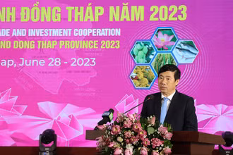 Chủ tịch Ủy ban nhân dân tỉnh Đồng Tháp Phạm Thiện Nghĩa phát biểu tại buổi khai mạc.