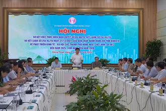 Ủy viên Trung ương Đảng, Bí thư Tỉnh ủy Đồng Tháp Lê Quốc Phong phát biểu tại hội nghị. (Ảnh: HỮU NGHĨA)