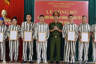 Lãnh đạo Công an Lai Châu trao quyết định giảm án trong đợt Quốc khánh cho các phạm nhân.