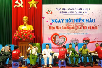 Một buổi hiến máu tình nguyện do Bệnh viện Quân y 4 (Cục Hậu cần Quân khu 4) phối hợp Trung tâm Huyết học truyền máu tỉnh Nghệ An và các đơn vị tổ chức. 