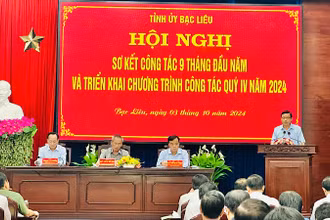 Quang cảnh Hội nghị triển khai nhiệm vụ trọng tâm quý 4/2024 của Tỉnh ủy Bạc Liêu. Ảnh: TRỌNG DUY