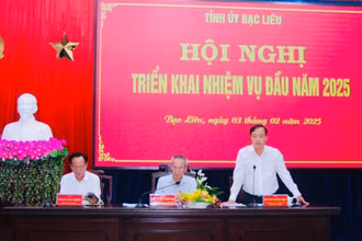 Các đồng chí trong Thường trực Tỉnh ủy Bạc Liêu chủ trì hội nghị