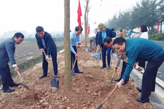 Các đồng chí lãnh đạo tỉnh Hải Dương trồng cây trên đường trục giao thông chính tại xã An Sơn, huyện Nam Sách.