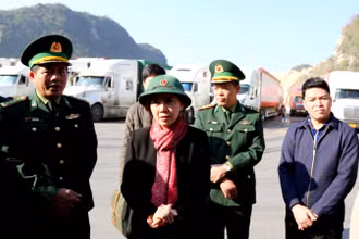 Lãnh đạo tỉnh Lạng Sơn cùng đại diện lãnh đạo các ngành chức năng ở cửa khẩu kiểm tra thực tế hoạt động xuất, nhập khẩu hàng hóa tại cửa khẩu phụ Tân Thanh. (Ảnh: Văn Lãng).