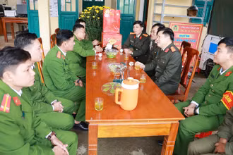 Đại tá Vũ Văn Đấu (ngồi giữa, hàng bên phải) kiểm tra và thăm hỏi lực lượng Công an cơ sở dịp Tết Ất Tỵ 2025.