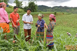 Hướng dẫn người dân bản Tà Han, xã Xuân Lạc, huyện Chợ Đồn, Bắc Kạn, trồng ngô năng suất cao. (Ảnh: Trần Hải)