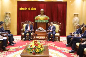 Bí thư Thành ủy Đà Nẵng Nguyễn Văn Quảng và Đại sứ Nhật Bản Ito Naoki trao đổi tại buổi làm việc. (Ảnh: ĐÌNH TĂNG)
