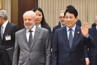 Chủ tịch nước Lương Cường và Tổng thống Luiz Inácio Lula da Silva tại buổi chiêu đãi.