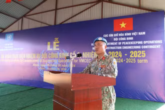 Trung tá Phạm Văn Hảo, Đội trưởng Đội Công binh số 3 phát biểu tại Lễ ra quân. (Nguồn: Đội Công binh số 3)