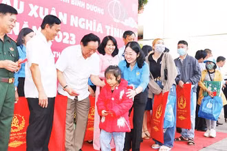 Lãnh đạo tỉnh Bình Dương trao tặng quà và động viên công nhân có hoàn cảnh khó khăn về quê đón Tết tại "Chuyến tàu Xuân nghĩa tình" năm 2023.