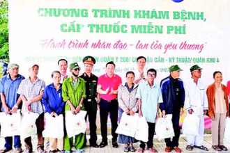 Cục Quân y, Bệnh viện Quân y 268 và Hội chữ thập đỏ tỉnh Quảng Trị trao quà tặng các gia đình chính sách. (Ảnh VÕ ĐÔNG)