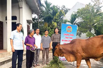 Hội Nông dân xã Mộc Bắc, thị xã Duy Tiên, tỉnh Hà Nam trao tặng bò sinh sản cho gia đình hội viên nghèo.