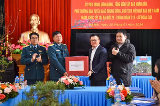 Đồng chí Lê Quốc Minh trao những món quà Tết ý nghĩa từ Báo Nhân Dân cho cán bộ, chiến sĩ Đại đội 28, Trung đoàn 218, Sư đoàn 361 (Quân chủng Phòng không - Không quân). (Ảnh: NHẬT QUANG)