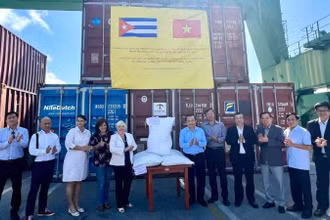 Đoàn công tác của Chính phủ Việt Nam bàn giao 11.500 tấn gạo cho Cuba tại cảng Mariel. (Nguồn: Đại sứ quán Việt Nam tại Cuba)