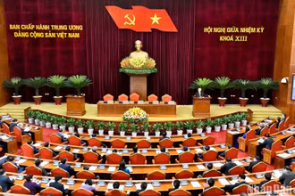Tổng Bí thư Nguyễn Phú Trọng phát biểu bế mạc hội nghị. (Ảnh: ĐĂNG KHOA)