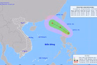 Vị trí và hướng di chuyển của áp thấp nhiệt đới gần Biển Đông. (Nguồn: nchmf.gov.vn)