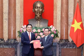 Chủ tịch nước Võ Văn Thưởng trao Quyết định cho Đại sứ Phạm Quang Hiệu. (Ảnh: TTXVN)