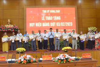 Đại diện lãnh đạo Tỉnh ủy Đồng Tháp trao Huy hiệu Đảng cho đảng viên.