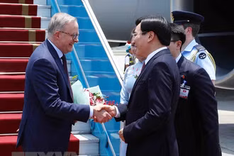 Bộ trưởng, Chủ nhiệm Văn phòng Chính phủ Trần Văn Sơn đón Thủ tướng Australia Anthony Albanese tại sân bay quốc tế Nội Bài.
