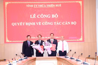 Đồng chí Bí thư Tỉnh ủy Lê Trường Lưu cùng Phó Bí thư Thường trực Tỉnh ủy Phan Ngọc Thọ trao Quyết định và tặng hoa chúc mừng các cá nhân.