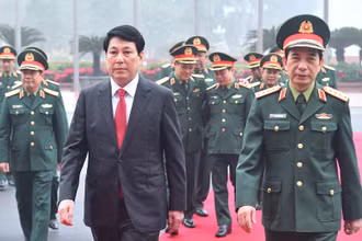 Chủ tịch nước Lương Cường tới dự buổi làm việc với Bộ Quốc phòng.