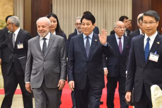 Chủ tịch nước Lương Cường và Tổng thống Brazil Luiz Inacio Lula da Silva tới dự buổi chiêu đãi.
