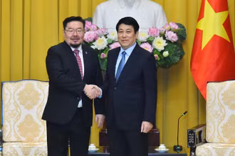 Chủ tịch nước Lương Cường và Chánh Văn phòng Tổng thống Mông Cổ Gombojav Zandanshatar tại buổi tiếp.