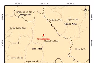 Bản đồ tâm chấn trận động đất có độ lớn 5.0 tại huyện Kon Plong, tỉnh Kon Tum.