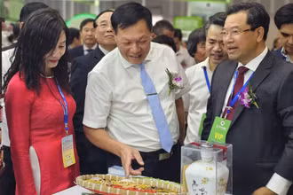 Thứ trưởng Bộ Y tế Đỗ Xuân Tuyên (ngoài cùng bên trái) thăm quan khu vực trưng bày(ảnh: Dũng Phạm)