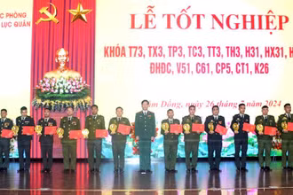 Lãnh đạo Học viện Lục quân trao bằng tốt nghiệp cho học viên Quân đội Hoàng gia Campuchia.